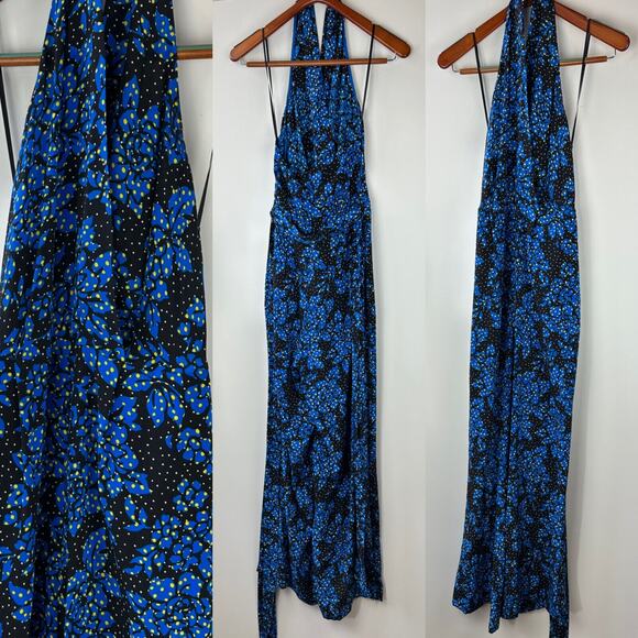 DVF Diane Von Furstenberg 100% Silk Black & Blue Halter Jumpsuit Women's Size 12 - Picture 7 of 16